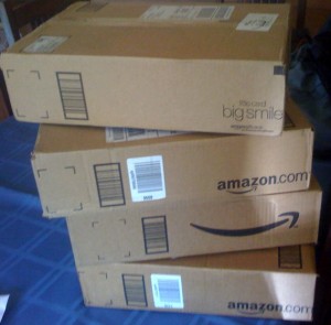 A stack of 4 Amazon boxes. Credit: scriptingnews on Flickr